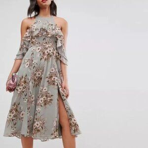 Ruffle Off Shoulder Midi Dress in Floral Print